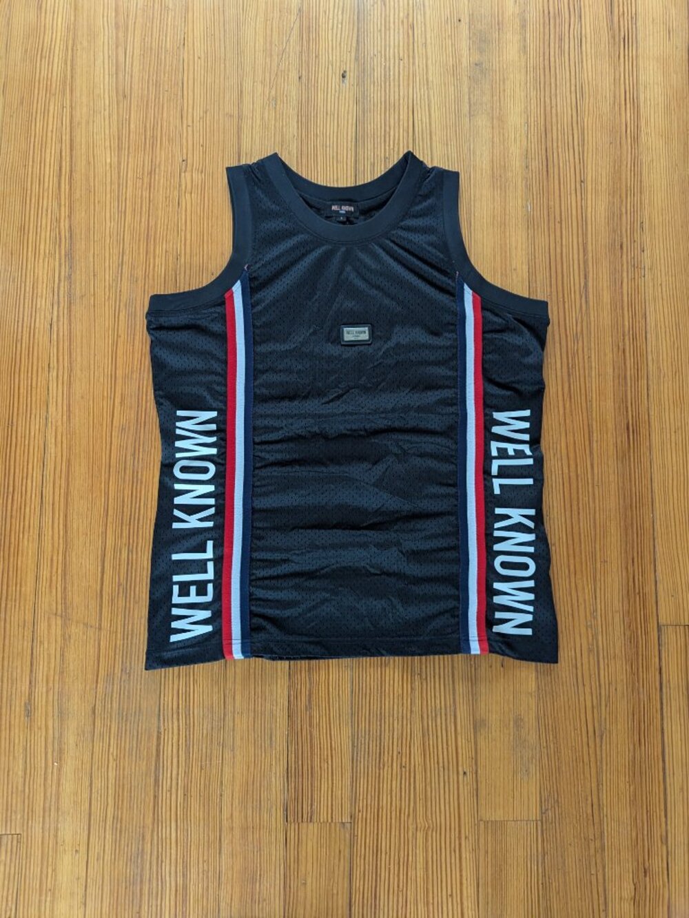 Well Known Studios Mens Small Mesh Basketball Jersey Black Red White Stripe Tank